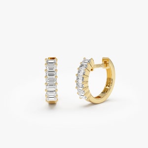 14k Baguette Diamond Huggies, Solid Gold Minimalist Statement Earring Hoops, Diamond Mini Hoops Unique Natural Diamond Distinctive Hoops