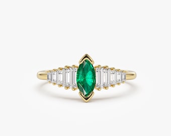 Emerald Ring, 14K Gold Emerald Engagement Ring, Marquise Anniversary Ring with Baguette Accent Stones, May Birthstone Gift