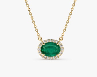 Oval Emerald Necklace, 14k Gold Oval Shape Emerald in Diamond Halo Setting, Halo Setting Emerald Necklace, May Birthstone gift for Mom