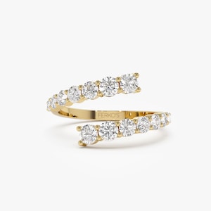 14K Round Diamond Cuff Ring, Graduating Diamond Ring, Gold Open Cuff Band, Unique Diamond Statement Ring, Crossover Diamond Promise Ring