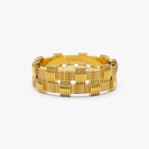 Unique Statement band, 14K Stackable Woven Ring, Two Row Wedding Band, Lined Ring, Solid Gold Wedding ring for Her, Gift for Her