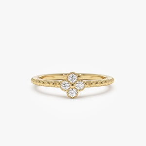 Diamond Ring / 14k Gold Diamond Clover Ring / Minimalist Simple Stacking Ring / Petite Dainty Diamond Ring / April Birthstone Birthday Gift