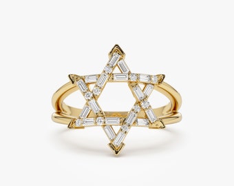 Star of David Ring / 14k Gold Diamond Star of David Ring / Baguette Diamond Jewish Star Ring / Diamond Ring