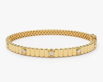 Gold Bar Bangle Bracelet, 14K Gold Fluted Bracelet Bangle, Ribbed Bezel Setting Bangle,  Layering Diamond Gold Bracelet, Gift for Her