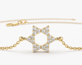 Star of David Diamond Bracelet, 14K Gold Dainty Diamond Bracelet, Jewish Star Gourmet Bracelet for Women, Bat Mitzvah Gift, Religious Gift