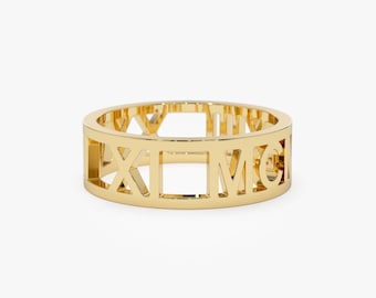 Anel de Ouro Personalizado, Anel de Ouro 14K com Números Romanos Personalizados, Anel com Data Especial, Anel Personalizado com Números Romanos, Presente para Nascimento de Bebê, Presente de Aniversário