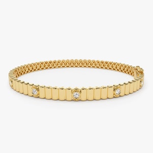 Gold Bar Bangle Bracelet, 14K Gold Fluted Bracelet Bangle, Ribbed Bezel Setting Bangle,  Layering Diamond Gold Bracelet, Gift for Her