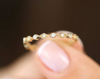 Stackable Diamond Eternity Ring / Art Deco Diamond Wedding Band / 14k Gold Dainty Ring / 14k Yellow Gold Diamond Eternity Ring, Gift for Her