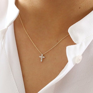 Tiny Diamond Cross Necklace /14k gold diamond cross necklace / Diamond Cross Pendant / Mini Cross White Diamond Necklace