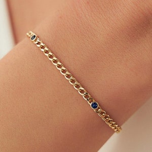 Sapphire Bracelet / 14k 3MM Miami Gold Curb Link Chain Bracelet with Bezel Setting Solitaire Sapphire / Link Bracelet September Birthstone