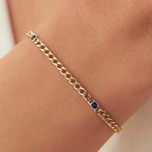 Sapphire Bracelet / 14k 3MM Miami Gold Curb Link Chain Bracelet with Bezel Setting Solitaire Sapphire / Link Bracelet September Birthstone