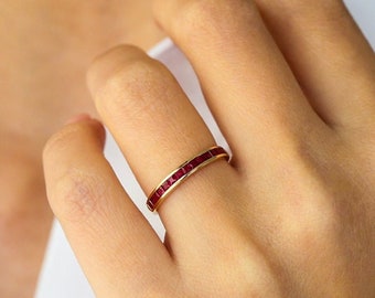 Ruby Ring / 14k Gold Full Eternity Princess Cut Ruby Ring / Natural Ruby Wedding Ring / Channel Setting Eternity Ruby Ring