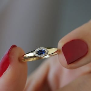 Sapphire Ring / 14k Solid Gold with Marquise Blue Sapphire Ring in Halo Setting with Round Pave Diamonds by Ferkos Fine Jewelry