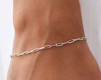 Papercliparmband / 14k massief gouden kleine paperclip schakelarmband 5 x 2 mm / niet-holle schakelarmband / rechthoekige schakelarmband
