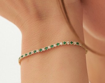 Emerald and Diamond Bracelet /  14k Prong Setting Alternating Diamond and Emerald Tennis Bracelet / Push Present / May Birthstone