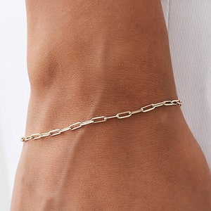Paper Clip Bracelet / 14k Solid Gold Tiny Paper Clip Link Bracelet 5x2 MM / Non Hollow Link Chain Bracelet / Rectangle Link Staple Bracelet