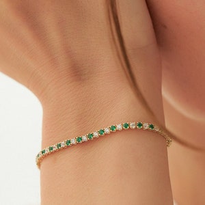 Emerald and Diamond Bracelet /  14k Prong Setting Alternating Diamond and Emerald Tennis Bracelet / Push Present / May Birthstone