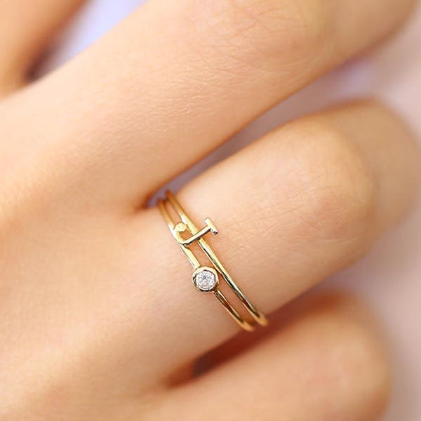 Personalized Initial Letter Ring Set with Bezel Set Solitaire Diamond Ring in 14k Gold /Perfect Gift for Mom / Birthstone Available