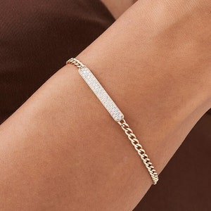 Cuban Chain Bracelet / 14k Gold 3MM Curb Link Diamond Pave Bracelet / Diamond ID Bracelet / Diamond Bar Bracelet by Ferkos Fine Jewelry