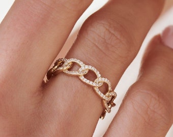 Pave Diamond Ring in 14k Gold / 14k Curb Link Diamond Pave Ring / Stackable Diamond Link Ring by Ferkos Fine Jewelry