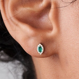 Marquise Emerald Earrings  / 14k Gold Marquise Cut Emerald in Halo Setting Diamond Studs / Dainty Emerald Earrings /  Emerald Studs