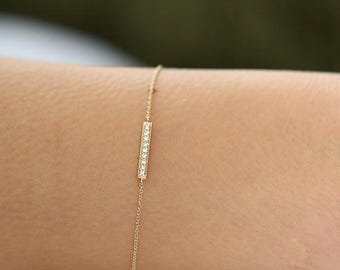 Diamond Bar Bracelet/ 14k Solid Gold Diamond Bar Bracelet/ Pave Bracelet/ Dainty Diamond Bracelet / Gift for Her