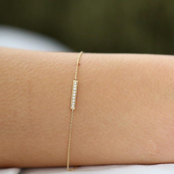 Diamond Bar Bracelet/ 14k Solid Gold Diamond Bar Bracelet/ Pave Bracelet/ Dainty Diamond Bracelet / Gift for Her