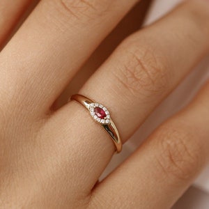 Ruby Ring / 14k Solid Gold with Marquise Ruby Ring in Halo Setting with Round Pave Diamonds by Ferkos Fine Jewelry / July Birthstone