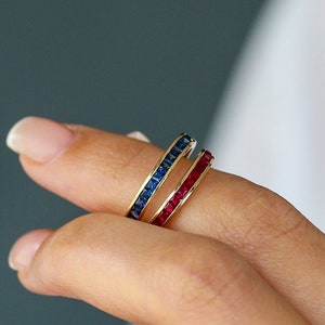 Sapphire Ring / 14k Gold Full Eternity Princess Cut Sapphire Ring / Natural Sapphire Wedding Ring / Channel Setting Eternity Sapphire Ring