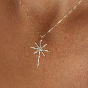 North Star Necklace / 14k Solid Gold Celestial North Star Diamond Necklace for Women / Handmade Diamond Northstar Pendant Starburst Necklace