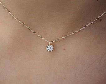 Diamond Solitaire Necklace - 0.25 Ct. Diamond Bezel Set Solitaire Necklace available as 14k Gold /  Rose Gold, Gift for Mom, Mom Gift