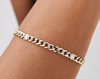 Curb-Link Bracelet 14k Gold 4MM Miami Cuban Chain Bracelet with Bezel Setting Solitaire Diamonds by Ferkos Fine Jewelry, Gift for Her