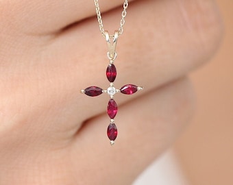 Ruby Cross Necklace / 14k Gold Genuine Ruby and Diamond Pendant / July Birthstone Present / Gold Ruby Cross / Communion / Confirmation Gift