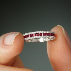 Ruby Ring / 14k Solid Gold Half Eternity Square Ruby and Round Brilliant Micro Pave Anniversary Ring / Ruby Wedding Band / July Birthstone