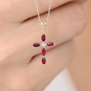 Ruby Cross Necklace / 14k Gold Genuine Ruby and Diamond Pendant / July Birthstone Present / Gold Ruby Cross / Communion / Confirmation Gift