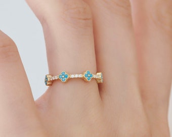 Full Eternity Turquoise and Diamond Clover Ring 14k Gold / Stacking Ring, Turquoise Stackable Ring / December Birthstone Ferkos Fine Jewelry