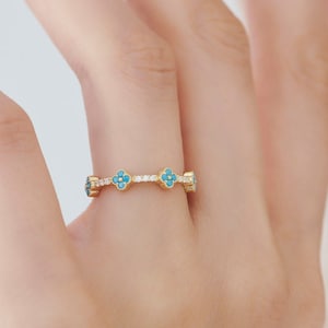 Full Eternity Turquoise and Diamond Clover Ring 14k Gold / Stacking Ring, Turquoise Stackable Ring / December Birthstone Ferkos Fine Jewelry