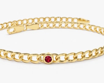 Ruby Bracelet / 14k 3MM Miami Gold Curb Link Chain Bracelet with Bezel Setting Solitaire Ruby / Link Bracelet July Birthstone Gift