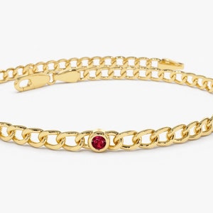 Ruby Bracelet / 14k 3MM Miami Gold Curb Link Chain Bracelet with Bezel Setting Solitaire Ruby / Link Bracelet July Birthstone Gift