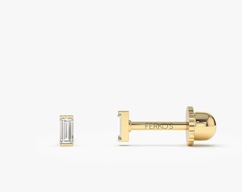 Helix Piercing / 14K Solid Gold Single Baguette Diamond Piercing / Gold Tragus Piercing / Gold Helix Piercing /Diamond Piercing