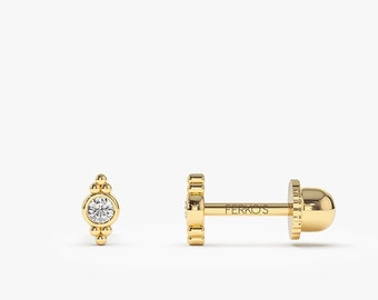 Diamond Piercing / Six Dot Diamond Piercing in 14k Solid Gold / Screw Back Bezel Setting Diamond Piercing by Ferkos Fine Jewelry