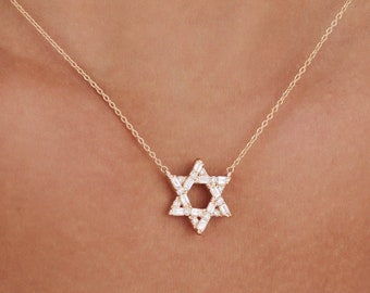 Star of David Necklace / 14k Gold Diamond Star of David Necklace / Baguette Diamond Jewish Star Necklace / Diamond Necklace