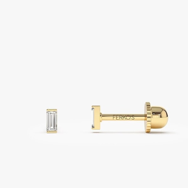 Helix Piercing / 14K Solid Gold Single Baguette Diamond Piercing / Gold Tragus Piercing / Gold Helix Piercing /Diamond Piercing