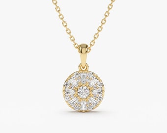 Diamond Necklace / 14k Gold Baguette Diamond and Round Diamond Cluster Necklace 0.32 ctw / Layering Diamond Cluster Pendant Necklace