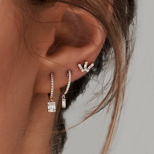Diamond Hoop Earrings / 14k Gold Diamond Huggie Earrings Dangling Illusion Setting Baguette Diamonds / Women's Earrings Ferkos Fine Jewelry