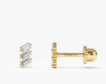 14k Solid Gold Baguette Cut Diamond Stud / Diamond Cartilage Earring / Helix Tragus Diamond Stud by Ferkos Fine Jewelry