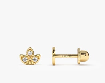 Diamond Piercing / 14k Gold Diamond Leaf Petal Piercing / Minimalist Helix Tragus Piercing / Diamond Stud Piercing by Ferkos Fine Jewelry