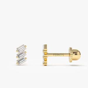 14k Solid Gold Baguette Cut Diamond Stud /  Diamond Cartilage Earring /  Helix Tragus Diamond Stud by Ferkos Fine Jewelry