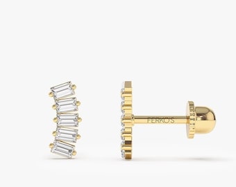 Helix Piercing / 14k Gold Baguette Diamond Screw Back Cartilage Piercing / Diamond Tragus Piercing by Ferkos Fine Jewelry