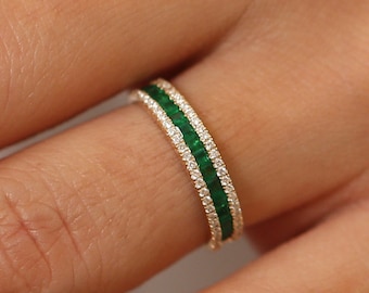 Emerald Ring/ 14k Gold Half Eternity Square Emerald and Round Brilliant Micro Pave Anniversary Ring / Emerald Wedding Band / Birthday Gift